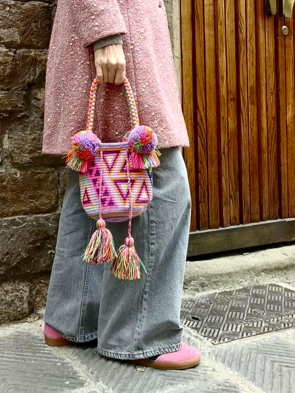 Borsa mochila a mano S lilla e rosa