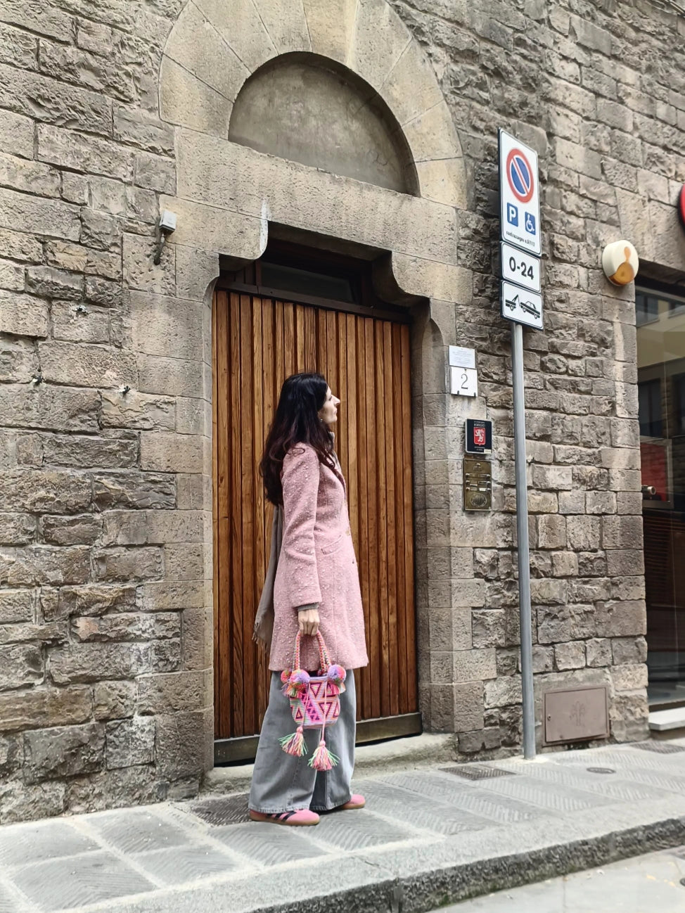 Borsa mochila a mano S lilla e rosa