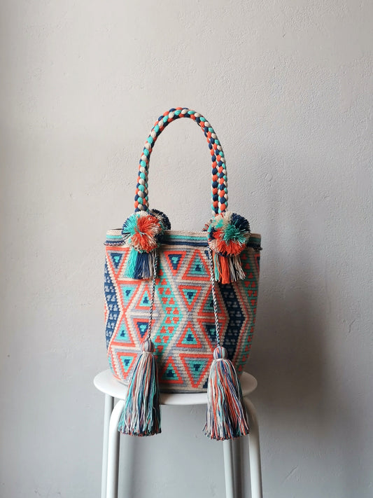 Borsa mochila a spalla L beige e blu