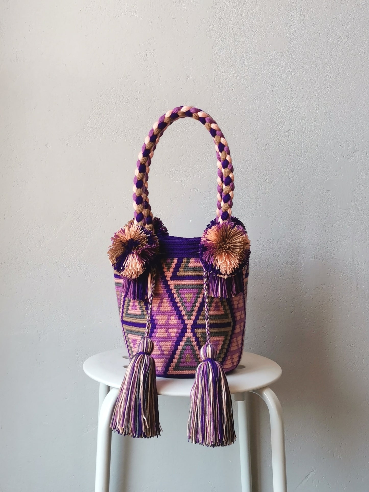 S/M purple and beige mochila handbag
